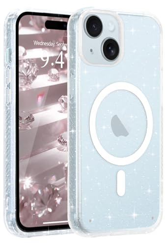 Micoden for iPhone 15 Clear Case Glitter Compatible with Magsafe | Magnetic Non-Yellowing,Bling Sparkly Phone Case,Soft TPU Full Camera Protection Shockproof Cover for Women Girls-Clear