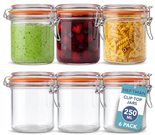 HEFTMAN Clip Top Glass Jars Set of 6, 250ml - Airtight Glass Jars with Lids | Empty Food Storage Jar Set with Silicone Seal, for Pasta, Sourdough Starter, Chutney, Pickling, Kitchen Organisation