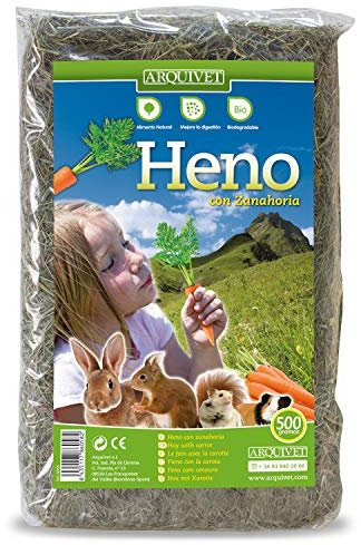 Arquivet Heno con Zanahoria para roedores y pequeños mamíferos 500 gr -Hierba para roedores - Complemento alimenticio roedores - Conejos, cobayas, Hamsters, Ardillas