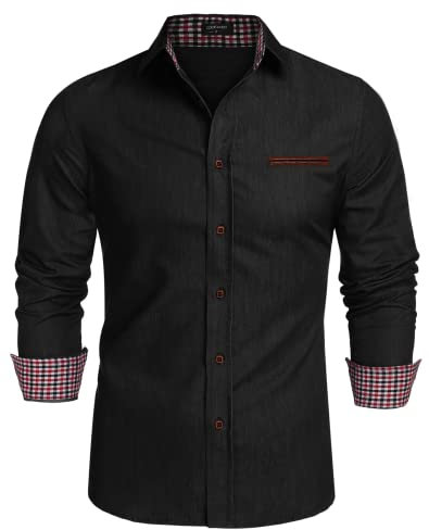 Coofandy Jeanshemden Herren regular fit Denim Shirt Langarmhemd Cowboy-Style Freizeit Hemden , Farbe - Schwarz , Gr. S