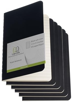 TWONE - 6 Pack Mini Pocket Notebooks, 3.5 by 5.5 Inches (90 x 140 mm), Black Cardstock Journal Set with 60 Lined Pages (30 Sheets) - Perfect for Travel, Office, School & Daily Notes