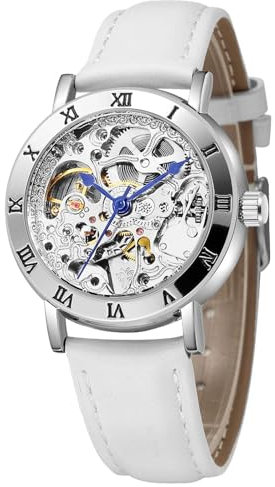 MASTOP Women's Watches Automatic Steampunk Self Winding Mechanical Silver Bracelet Ladies Skeleton Wrist Watch, red, Fashion