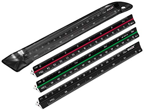 Rulex 150mm 15cm mini black metal triangular scale ruler with coloured stripes and Scales: side 1 – 1:1 & 1:5, side 2 – 1:20 & 1:10, side 3 – 1:50 & 1:100