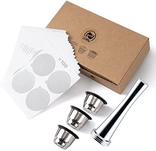 i Cafilas Kit Tamper à café pour Nepresso machine à café en inox + 3X Capsules Nepresso Rechargeable Inox + 100X Couvercles en Aluminium + Cuillère de mesure + Brosse de nettoyage