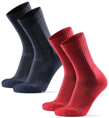 DANISH ENDURANCE Premium Merinowolle Wandersocken, Outdoor & Trekking-Socken, Thermosocken, Starke Polsterung & Anti-Blasen, für Damen & Herren, 2 Paar, Mehrfarbig (1 x Marineblau, 1 x Rot), 43-47