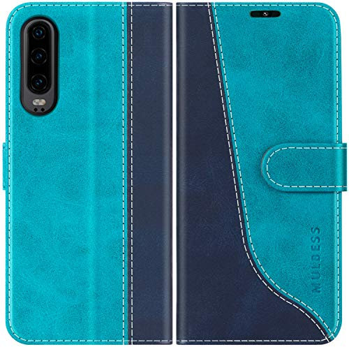 Mulbess für Huawei P30 Hülle, Handyülle Leder mit Kartenfach, Klapphülle mit Magnetverschluss, Flip Case Etui Handytasche Schutzhülle, Stilvoll Mint Blau