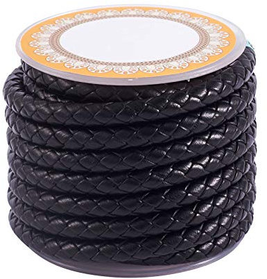 PandaHall - Cordino in vero cuoio intrecciato, 3,5 m, 6 mm, colore nero, rotondo, per fai da te, creazione di bracciali, collane e gioielli