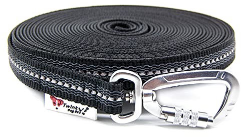Twinkys Dog Style Schleppleine gummiert mit Sicherheitskarabiner 20 mm breit für Hunde bis 50 kg - MIT Handschlaufe 5 Meter Schwarz Reflektierend Made in Germany