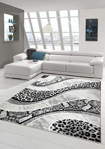 Teppich modern Wohnzimmerteppich mit Leoparden Muster in grau schwarz Creme Größe 80 x 300 cm