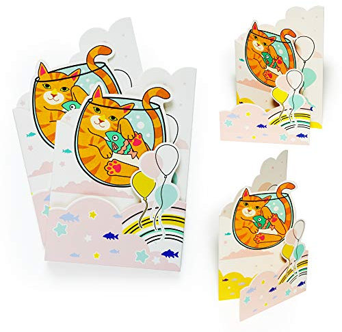 2 Stk Geburtstagskarte Katze und Luftballons | Karte Geburtstag für Kinder und Junggebliebene | Glückwunschkarte, Gutschein, Einladungskarten, 3D Effekt, X003