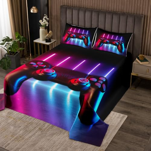 Tbrand Gamepad Steppdecke Konsole Videospiel Tagesdecke 220x240cm für Jungen Jugendliche Gradient Neon Bettüberwurf Gamer Gaming Spiel Controller 3St