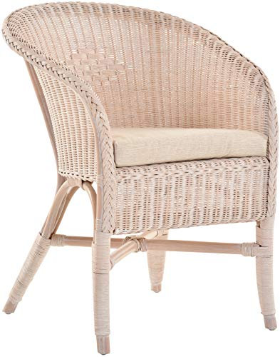 Korb-Outlet Klassischer Rattan Club-Sessel inkl. Polster Beige Rattansessel Flechtsessel (Vintage Weiss)