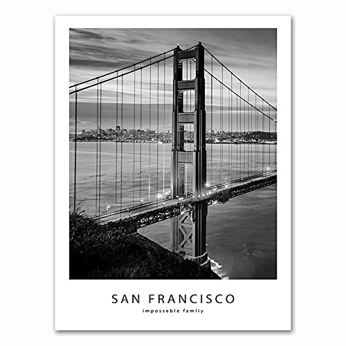 TYIYT Moderne Schwarz Weiß San Francisco Stadt Wahrzeichen Gebäude Golden Gate Bridge Landschaft Leinwand Malerei Wandkunst Poster Wohnzimmer Büro Wohnkultur Wandbild