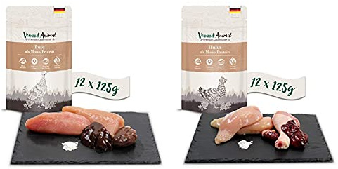 Venandi Animal Premium Nassfutter für Katzen - Pute als Monoprotein 12 x 125 g, getreidefrei und naturbelassen, 1.5 kg & Premium Nassfutter für Katzen, Huhn als Monoprotein, 12 x 125 g, 1.5 kg
