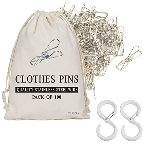100 Pcs Clothespins Laundry Chip Clips - Durable Stainless Steel Clothes Pins,Heavy Duty Clamp Metal Wire Clothes Pegs with One Storage Bag & 2 Hooks,for Outdoor Clothesline Home Kitchen Office