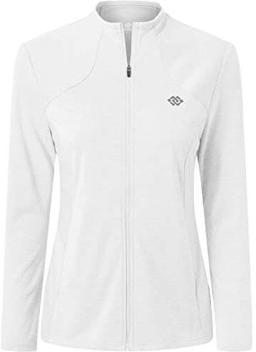 MoFiz Donna Giacca Leggera Manica Lunga Traspirante Slim Felpa Sportiva senza Cappuccio Zip Intera Top da Tuta per Corsa Training Escursionismo con Tasche Bianco S