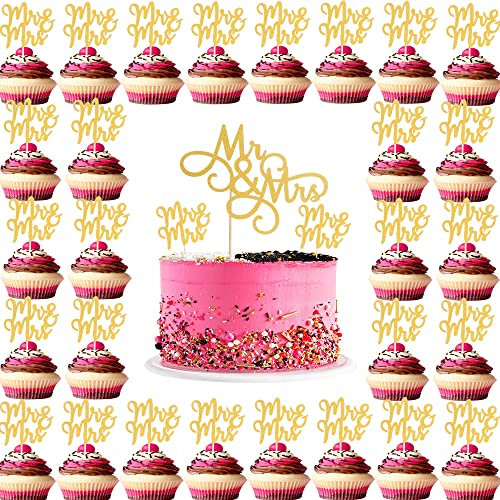 Gold Mr and Mrs Cake Topper - 1pcs Larger Size Gold Mr&Mrs Cake Topper and 30 Pcs Single-side Gold Glitter Mr Mrs Cupcake Decoration Set For Wedding/Bridal Shower/Engagement Party