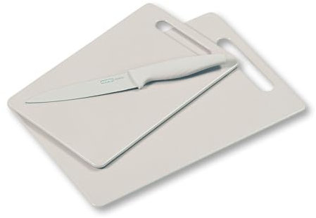 Kesper | Schneidebretter Set inkl. Messer, Material: Kunststoff (PE), Maße Bretter: 29 x 19,5 x 0,5 cm, 24 x 15 x 0,5 cm, Farbe: Hellgrau | 30496