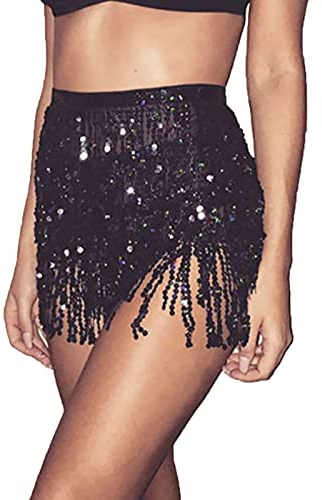Damen Pailletten-Tanzrock Bauchtanz-Outfit Glitzer-Quaste Fransen Hüftschal Rave Taille Wickelgürtel Kostüm für Mädchen (Schwarz)