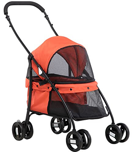 PawHut Faltbarer Hundewagen Haustier Kinderwagen Kleiner Hundewagen mit Mesh-Fenster Waschbares Kissen Waschbares Kissen Sicherheitsgurte und Stahlrahmen Rot