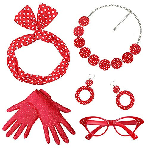 YGCHEN 50er Jahre Damen Carnival Costume Accessoires Katzenaugen Brille Polka Dots Stirnband Rockabilly Ohrringe Polka Dot Halskette Rot Handschuhe 50er 60er Jahre Damen Zubehör 5 Stk