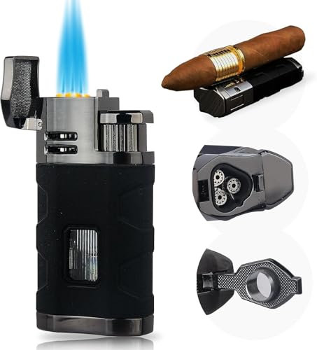 PROMISE Torch Lighter Triple Jet Flame Nachfüllbares Butan-Zigarrenfeuerzeug Winddichtes Feuerzeug mit Zigarrenpunsch – Butan Nicht im Lieferumfang enthalten (Black Crackle)