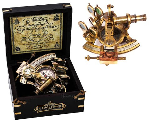 METLUMBER Messing-Sextant für Navigation mit eingebautem Kompass Vintage nautischer Messing-Sextant J. Scott Antiker Sextant mit Box Nautische Navigation Sammlung Marine Geschenk