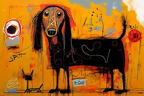 PosterOffice Kunstdruck Abstrakter Dackel Wiener Hund – Jean Michel Basquiat inspirierter Stil, zeitgenössische Pop-Art-Wanddekoration, Größen 25,4 x 20,3 cm, 43,2 x 28,3 cm, 24 x 16 cm, 91,4 x 61