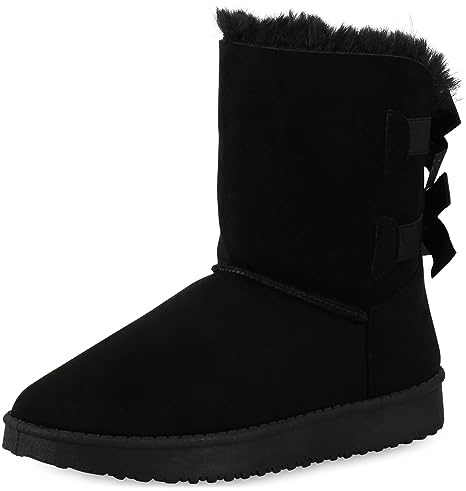 VAN HILL Warm Gefütterte Damen Schlupfstiefel Stiefeletten Schleifen 611502 Schwarz 37