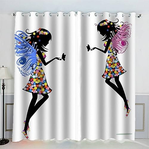AKATIE Kinderzimmer Vorhänge Schmetterling Prinzessin Mädchenhaftes Muster Fenstervorhang mit ösen Junge Mädchen Schlafzimmer Wohnzimmer Küche Verdunklungsvorhang 2-Set (150x166 cm)