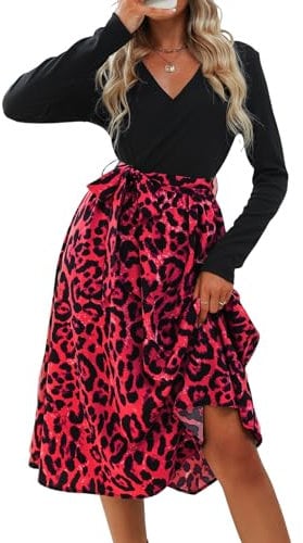 CUPSHE Women's Maxi Dress V Neck Long Sleeve Tie Belt A-Line Casual Dress Party Cocktail Midi Skater Dress Red Leopard M