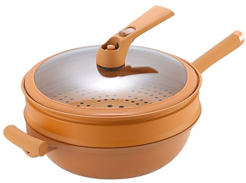 HOUSN Non-Stick Clay Wok with Steamer Basket, 12.6in Multifunctional Pottery Clay Non-stick Micro Pressure Pot, Steam Boil Bleach Fry Integrated Miniature Pressure Cooker,Brown