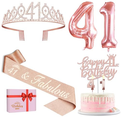 Geschenke zum 41. Geburtstag für Frauen, inklusive Schärpe und Tiara, Geburtstagskuchenaufsatz und Zahl 41 Kerzen, große 41 Luftballons, 41. Geburtstag Dekorationen für Happy 41st Birthday Party Favor