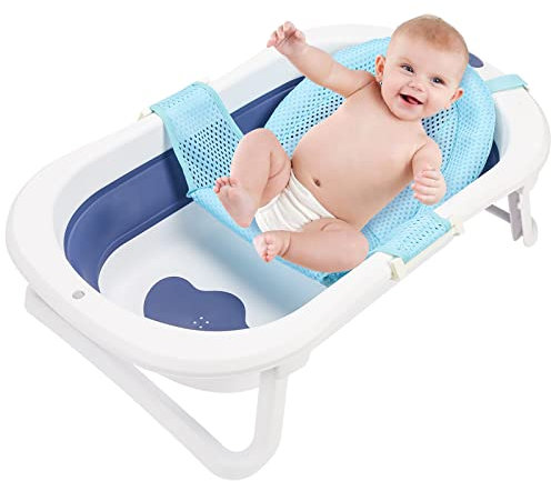 Cecaylie Baignoire BéBé, Baignoire Pliable,Baignoire Bebe avec Détection de Température, Portable Tout-petits,Baignoire BéBé avec Tapis Antidérapant,avec Arrosoir pour bébé, pour Bebe 0-6 Ans,Bleu