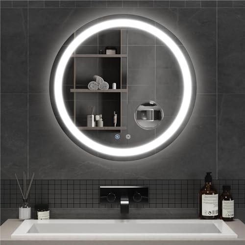 Mondeer 600mm Round Bathroom Mirror with LED Lights, Illuminated Wall Mounted Vanity Mirror with 3 Colors Dimmable Demister and 5x Magnifier, for Bathroom (3000 K - 6500 K)