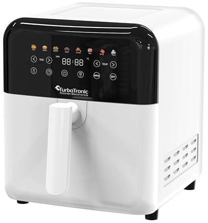 TurboTronic Friggitrice ad Aria Calda XXL 6 Litri, 1600W, 8 Programmi, Timer, Friggitrice Digitale Senza Olio 1-60 Min Design Moderno in Metallo (Bianco)