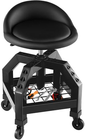 COSTWAY Rolling Mechanic Stool, Height Adjustable Pneumatic Roller Creeper Seat with Tool Tray & 4 Universal Casters, 150kg Capacity Swivel Padded Chair for Garage Workshop Factory (Black)