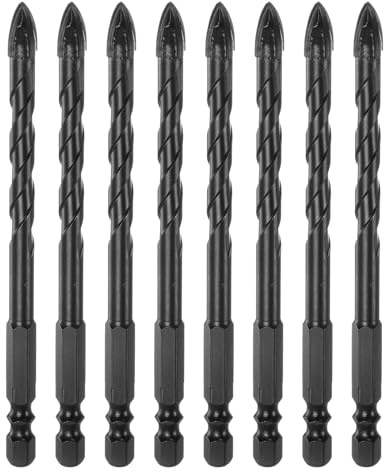 QUARKZMAN 8 Stück Beton-Mauerbohrer 8mm 5/16 Wolframkarbid-Spitze Schwarz | langer Dreieck-Kreuz-Bohrer, verchromt, für Keramikfliesen Ziegel Glas Kunststoff Holz