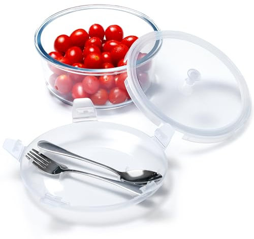 NUTRIUPS 0.9L Glass Bento Box with Stainless Steel Spoon and Fork, Round Glass Storage Containers with Lids, Glass Food Container with Airtight Lids, Microwave & Oven Safe-Round