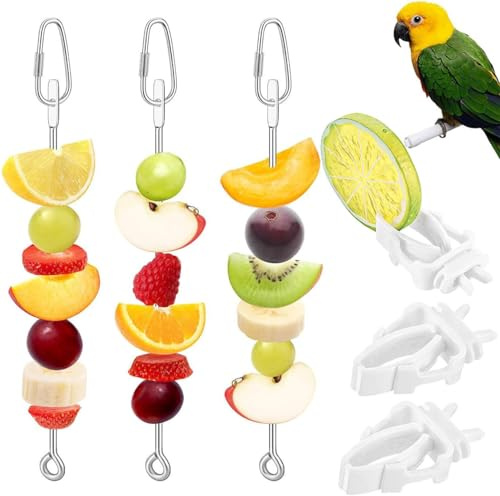 Lot de 3 mangeoires à brochettes en acier inoxydable pour perruches et 3 pinces en plastique pour nourriture pour oiseaux, friandises pour oiseaux, fruits, jouet pour perroquet, perruche, calopsitte