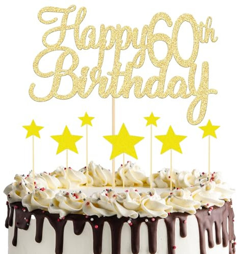 8 Pcs Gold Happy 60th Birthday Cake Topper, 1 Happy 60th Birthday Topper and 7 Star Cupcake Toppers, Glitter 60th Cake Topper for 60th Birthday Anniversary Party Supplies