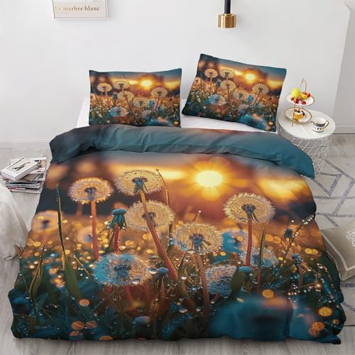 Traulpex Löwenzahn Pflanzen Bettwäsche 135x200cm 3 teilig, Pusteblume Sonnenaufgang Bettbezug mit Reißverschluss, Weich & Bügelfrei, Pflanzenmuster Bettwäsche set Microfaser mit 2 Kissenbezug 80x80 cm