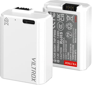 VILTROX 2 Pack NP-FW50 1030mAh Batteries de Rechange pour Appareil Photo avec Charge Rapide de Type C Compatible avec Sony ZV-E10, Alpha 7, A7, A7II, A7RII, A7SII, A7S, A5000, A6000, A6500, A6400