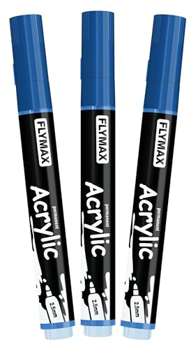 Rotulador Acrilico Azul 2,5 mm – Marcador Permanente Pintura Acrílica Azul, Indeleble, Punta fina, Impermeables, De secado rápido (Paquete de 3)