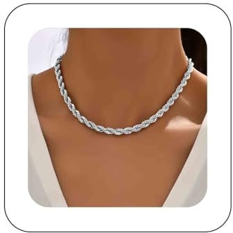 Dervivea Boho Silver Twisted Rope Chunky Chain Choker Minimalist Twisted Link Necklace for Women