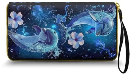 Nittanovaca Blumendolphin Gedruckt Geldbörse Damen groß im Langformat, Geldbeutel mit Gedruckt auf Leder, Reißverschluss Geldbörse, Portemonnaie mit vielen Fächern1