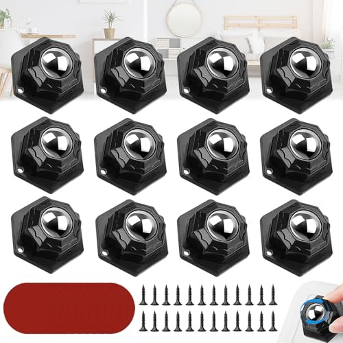 Begpoee 12 Pezzi Ruote a Sfera per Mobili Autoadesivo, Rotelle Adesive per Mobili Pesanti a 360° Ruote, Con Viti e Nastro Biadesivo, Per Tavoli, Comodini, Bidone Della Spazzatura(Nero, 3,7 x 2,3 cm)