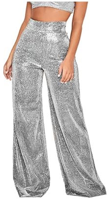Pailetten Hose Damen, Glitzer Metallic Schlaghose Weites, High Waist Glitzerhosen, Party Glitzer Silber Bling 70er Ho se, metallisch, glänzend, Clubwear-Ho se, Silberfarbe (Silber)