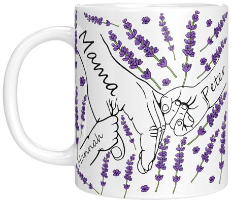 LIEBTASTISCH - Personalisierte Tasse für Mama oder Oma - Geschenk zum Muttertag, Geburtstag, Weihnachten, von Enkelkinder - Bis zu 6 Kinder (Lavendel)