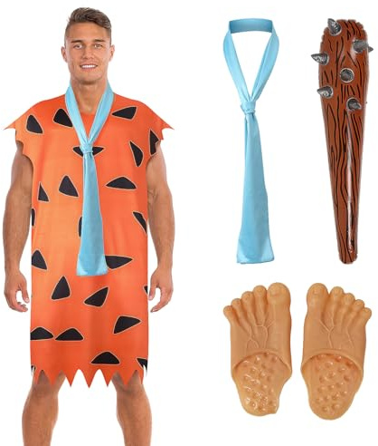 Fred Feuerstein-Kostüm für Erwachsene, Herren, 4 Stück, Höhlenmensch-Cosplay-Outfits mit Fußabdeckungen, aufblasbarer Club-Stick-Krawatte